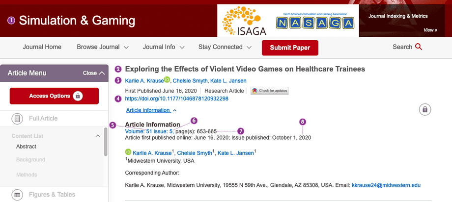 På bilden visas en skärmdump av första sidan av en artikel som publicerats i tidskriften Simulation & Gaming. På bilden framgår uppgifter om artikeln. De uppgifter som ska skrivas in i noten förklaras i texten under bilden.